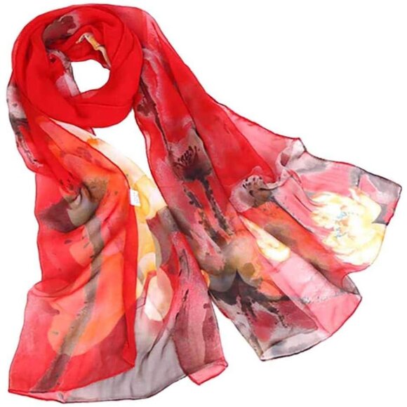 Scarfs Lightweight Print Floral Ink Lotus&red - Picture 1 of 4